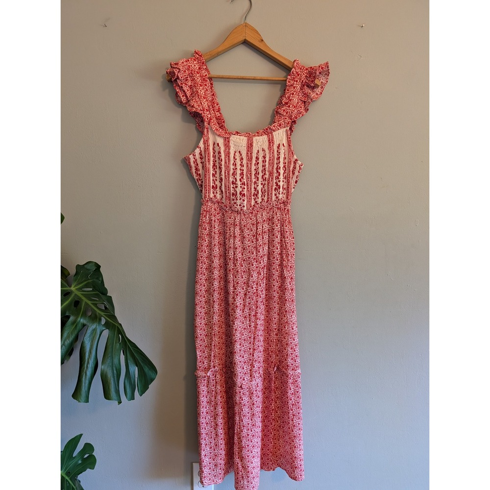 Jessica Simpson Red Floral Smocked Maxi Dress Ruffle Strap Boho Tiered Medium